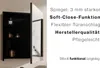 A black bathroom cabinet with its mirrored door open, revealing shelves with bottles. Text describes features. Náhled obrázku produktu