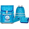 A set of school supplies including a backpack, a drawstring bag, a pencil case, and a small pouch, all with a blue dolphin and bubble pattern. Voir les images du produit