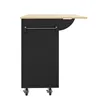 A side view of a black kitchen island with a wooden countertop and wheels. Produktbild-Vorschau