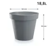 A gray planter pot with dimensions and capacity indicated. Voir les images du produit