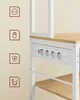 Close-up view of a white shelf unit with wooden shelves and an integrated power strip with four outlets. Náhled obrázku produktu