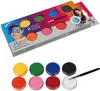 Aqua Creative Schminkpalette für Kinder mit acht wasserlöslichen Farben in Gelb, Grün, Blau, Schwarz, Orange, Rosa, Rot und Weiß, inklusive Pinsel, auf weißem Hintergrund dargestellt. Produktbild-Vorschau