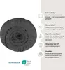 A rolled-up dark gray fitted sheet is shown next to marketing text and icons. Produktbild-Vorschau