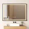 A modern bathroom vanity with a rectangular sink, black faucets, and a large illuminated mirror above. Anteprima dell’immagine prodotto