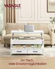 A white lift-top coffee table with storage and drawers is shown in a living room setting, in front of a sofa. A laptop is on the table. Produktbild-Vorschau