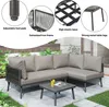 Outdoor patio furniture set with a sectional sofa and coffee table, shown in a backyard setting with plants and paving stones. Produktbild-Vorschau
