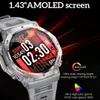 A close-up marketing image of a smartwatch with its screen displaying information, set against a dark background with light streaks. Produktbild-Vorschau