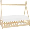 A wooden tipi-style children's bed with a mattress and slatted base, shown against a white background. Produktbild-Vorschau