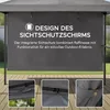 A grey gazebo with a privacy screen, showing text about its design and functionality, and close-up details of its attachment points. Náhled obrázku produktu