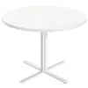A white round dining table with a light wood grain surface and a white pedestal base. Produktbild-Vorschau