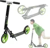A collage of images showing a black and green scooter, a diagram of the scooter folded, and a child riding a scooter. Náhľad obrázku produktu