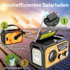 A solar-powered emergency radio with multiple charging methods and features, set against a backdrop of solar panels and a sunny sky. Produktbild-Vorschau