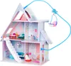 A multi-story dollhouse with furniture and accessories, connected by a blue cable to a hanging swing. Produktbild-Vorschau
