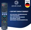 A remote control is shown on the left side of the image, with marketing text and logos on the right side against a dark blue background. Produktbild-Vorschau