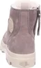 A rear view of a brown Palladium ankle boot with a white sole and white fur lining. Produktbild-Vorschau