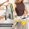 A split image showing a person ironing a green garment vertically and another person ironing a yellow garment horizontally. Produktbild-Vorschau