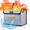 A fireproof Lipo battery safety bag is shown with flames above and water splashing around it. Produktbild-Vorschau