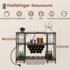 A bar cabinet with various storage options, including shelves, glass holders, and wine racks, with icons indicating its storage capabilities. Náhled obrázku produktu