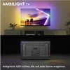 A split image showing a Philips Ambilight TV in a living room setting and the back of the TV with integrated LED lights. Voir les images du produit