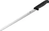A long, thin knife with a black handle and a silver blade with indentations, lying diagonally on a white background. Produktbild-Vorschau
