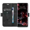 A black flip-style phone case with card slots and a banknote, shown open with a smartphone displaying the time and date. Produktbild-Vorschau