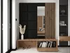A modern entryway with a wooden bench, black wall panels, a mirror, and a slatted wood panel with hooks. Náhľad obrázku produktu