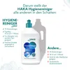 A bottle of HAKA Hygienereiniger is shown with marketing text highlighting its features and benefits. Produktbild-Vorschau