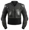 Vorderansicht einer schwarzen Motorrad-Protektorenjacke mit Reißverschluss, Brustplatten und breitem Hüftgurt. Produktbild-Vorschau