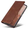 A brown leather flip case for a smartphone is shown at an angle against a white background. Produktbild-Vorschau