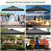 A collage of four images showing a pop-up canopy tent used in various settings: a wedding, a beach dinner, a family picnic, and a market stall. Voir les images du produit