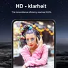 A marketing image showing a phone screen displaying a person with colorful hair and headphones, with text overlay about HD clarity. Produktbild-Vorschau