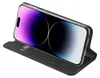 A black flip case for an iPhone is shown with the phone inside, angled to display the screen. Produktbild-Vorschau