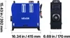 Two views of a blue and black VEVOR diesel heater with dimensions indicated. Náhľad obrázku produktu