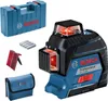 A Bosch GLL 3-80 Professional Linienlaser is displayed with its accessories, including a carrying case, batteries, a target plate, and a soft pouch. Anteprima dell’immagine prodotto