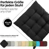 A black seat cushion is shown diagonally on a white background, with text and color swatches. Produktbild-Vorschau