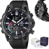 A black Casio Edifice Bluetooth watch is shown in the center, with its packaging to the right. A smaller inset image of the watch is in the top right corner. Voir les images du produit