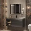 A modern bathroom vanity with a lighted medicine cabinet. Voir les images du produit