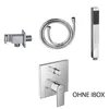 A collection of bathroom fixtures, including a shower head, hose, wall connection, and faucet mixer, laid out on a white background. Produktbild-Vorschau