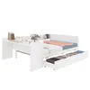 A white bed with shelves and a desk attachment, with drawers pulled out underneath. Produktbild-Vorschau