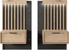 Two identical nightstands with wooden slats and drawers are shown against a dark background with white dots. Produktbild-Vorschau