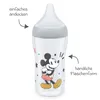 A baby bottle with Mickey Mouse design and feature callouts. Produktbild-Vorschau