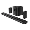 A black soundbar, subwoofer, and two satellite speakers are arranged on a white background. Produktbild-Vorschau