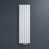 A white vertical radiator mounted on a dark gray wall. Produktbild-Vorschau