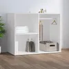 A white storage unit with shelves and a hanging rod, containing folded towels, shopping bags, and a storage basket with clothes. Voir les images du produit