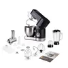 A black and silver stand mixer with various attachments, including a meat grinder, blender, dough hook, whisk, and beater, is displayed on a white background. A booklet is also shown. Podgląd zdjęcia produktu