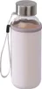 A glass water bottle with a grey neoprene sleeve and a silver cap, shown against a white background. Produktbild-Vorschau