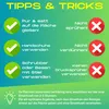 A marketing image with tips and tricks for using a cleaning product, presented with checkmarks and crosses. Produktbild-Vorschau