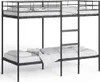 A black metal bunk bed with white bedding, shown from a side angle against a white background. Náhľad obrázku produktu