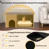A cat inside a hidden litter box enclosure, with a mat and honeycomb design shown separately. Produktbild-Vorschau