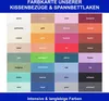 A color chart showing various fabric colors for pillowcases and fitted sheets. Produktbild-Vorschau